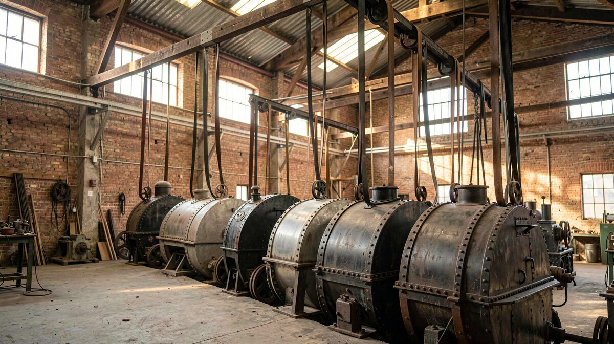 A row of riveted steam locomotive boilers standing in a brick erecting shop, overhead shafts and leather belts above, north light from roof windows, wide interior shot in late afternoon.