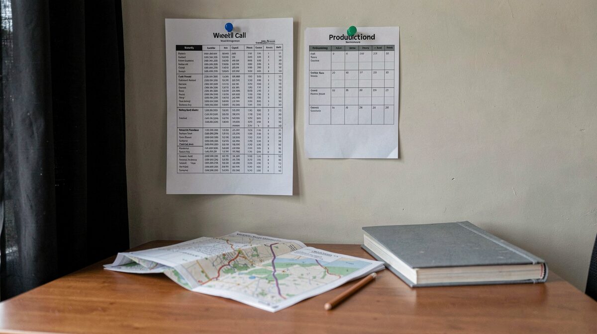 A production office at the end of the working day: a call sheet and a schedule pinned above a desk, a pencil, a folded location map and a camera body on a side table, grey-blue paper and black curtain fabric, no people and no signage