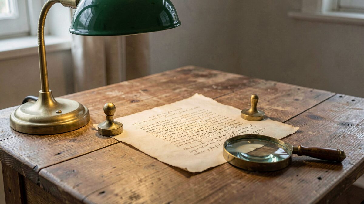 A reading room table under a low green lamp, a single aged document held flat by two brass weights, a magnifying glass resting beside it, sepia ink visible on cream paper, shot from slightly above at a close angle.