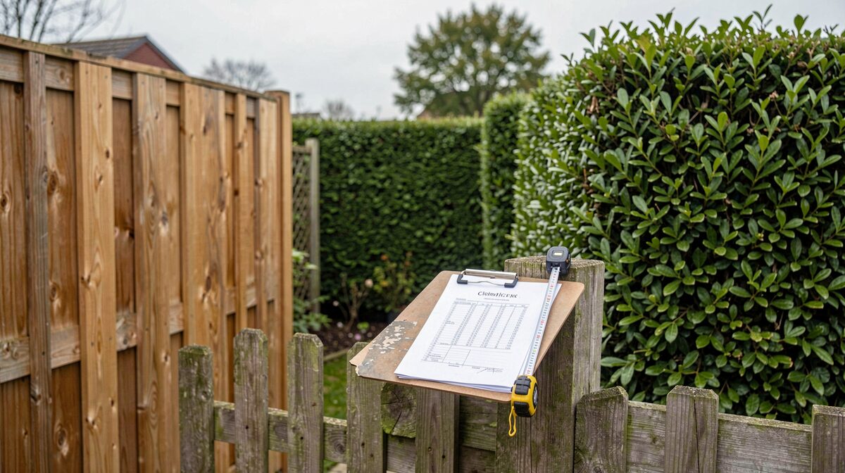A garden boundary in overcast British daylight, a mix of closeboard fence panels and a clipped hedge, with a tape measure clipped to a clipboard resting on a fence post, shot straight on at eye level.