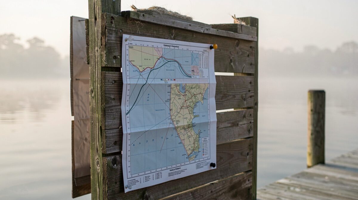 A tide chart and a folded nautical map pinned to a wooden dockside board, morning fog over Chesapeake Bay water in the background.