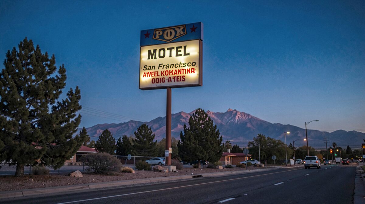 A motel sign lit at dusk beside a highway frontage road in Flagstaff, San Francisco Peaks in the background, shot straight on with the last blue light of evening.