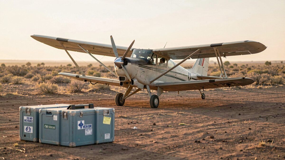 A vintage single-engine aircraft parked on a dirt airstrip at golden hour, viewed from the side, medical crates in the foreground, flat outback horizon in soft light.