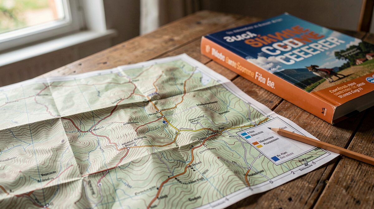 A folded topographic map of the Cevennes spread on a wooden table beside a French guidebook, morning light from a window at the left, close framing on the contour lines and a pencil marking a route.