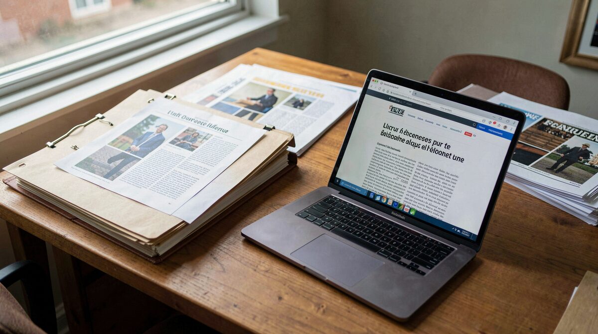 A wooden desk in a small Quebec editorial office, with open archive folders, printed magazine proofs, and a laptop showing a French-language article page, morning window light, tight overhead framing.