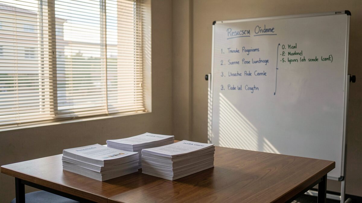 A training room before a session: folded handouts in three stacks on a table, a whiteboard with a sequenced module list, morning light through blinds, wide shot.