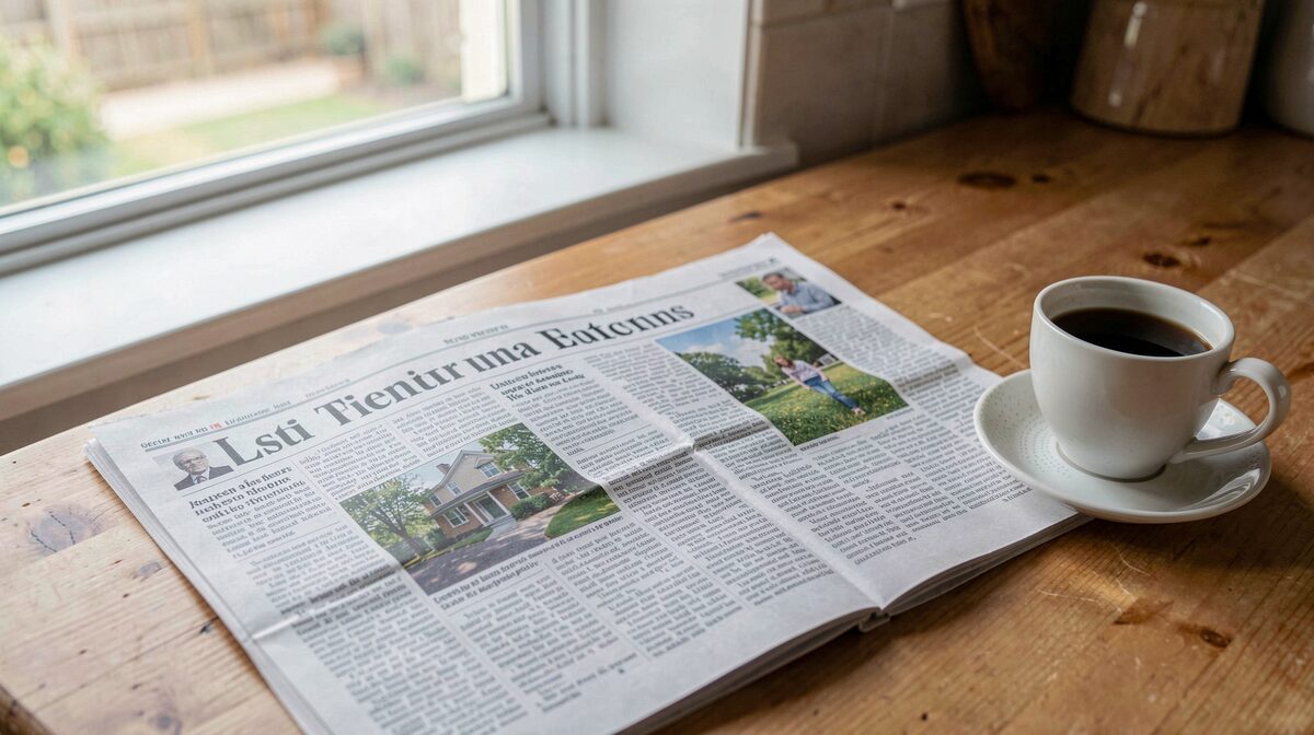 A neighborhood newspaper spread on a kitchen table beside a coffee cup, morning light from a window, shot from above with the pages in focus.