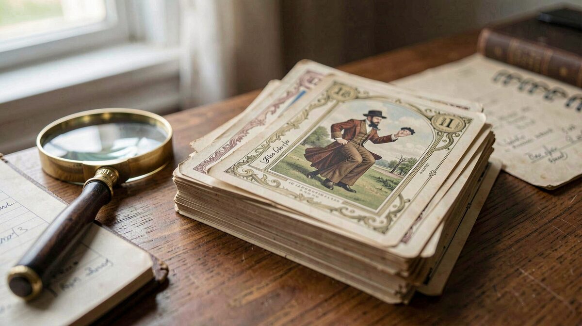 A stack of early twentieth-century performer postcards on a wooden desk beside a magnifying glass and a paper ledger, soft window light from the left, shallow depth of field on the top card.